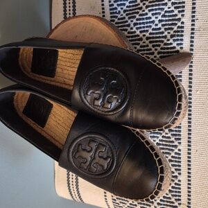 Tory Burch Benton Black Nappa Leather Espadrille Flats 6.5